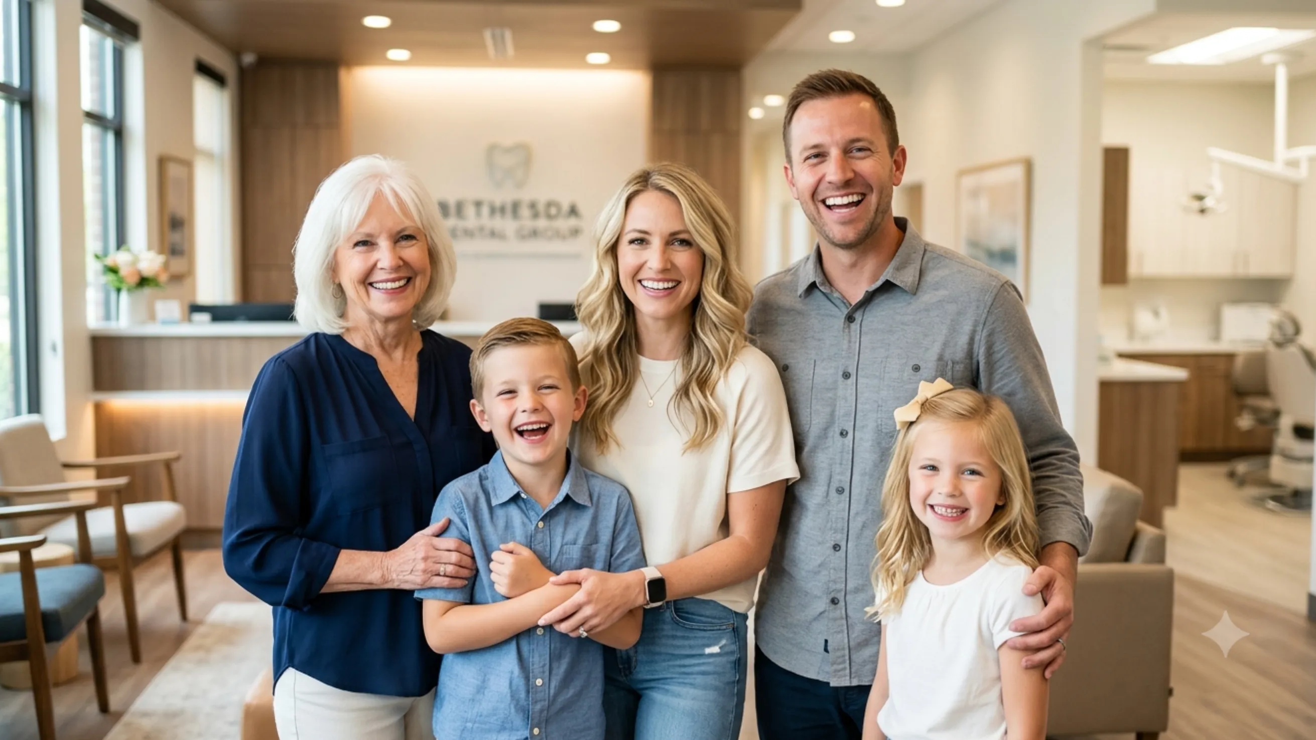 Dentist with happy patient in modern dental office